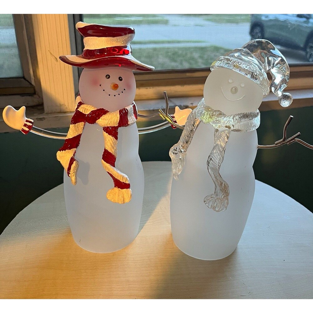 2pc Frosted Glass Snowman Figurines Set White Red Hat Scarf 1 clear Christmas